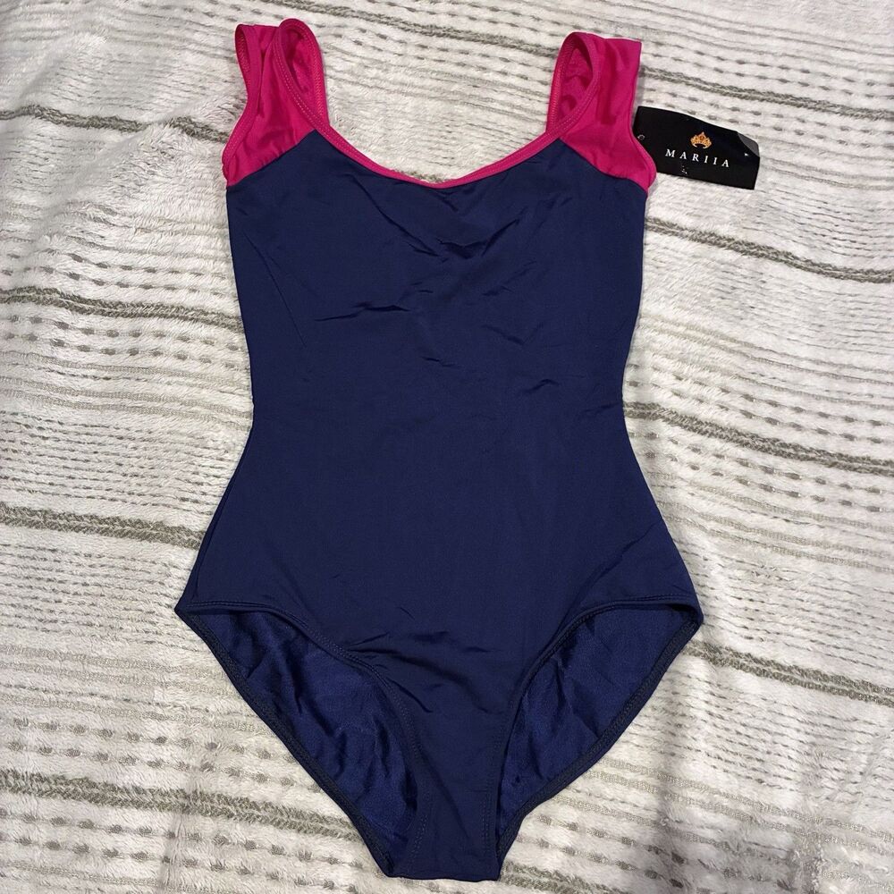 NWT Mariia Women’s Size Small Tank Leotard Navy Blue And Hot Pink Dancewear